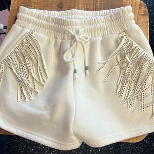 New white fringe comfy shorts